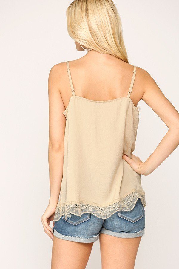 Champagne camisole back view with thin straps and lace-trim hem