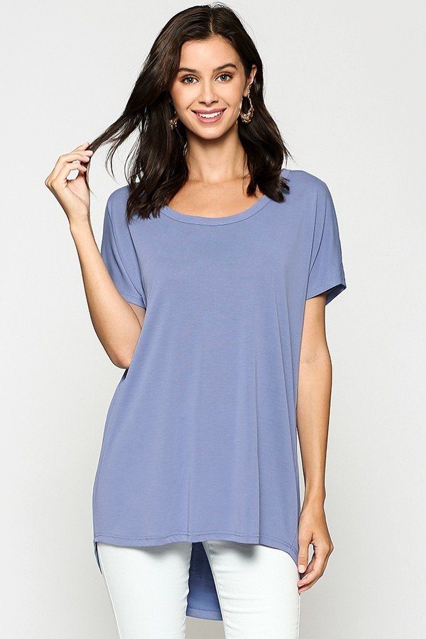 Scoop neckline cupro solid top, short sleeves, draped light blue