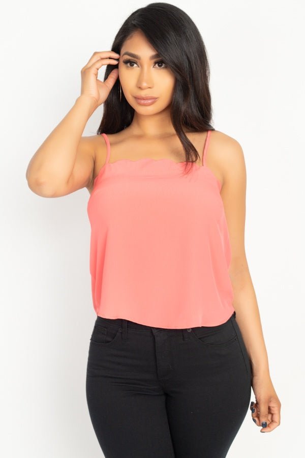 Coral scallop opening cami top with thin straps and relaxed drape