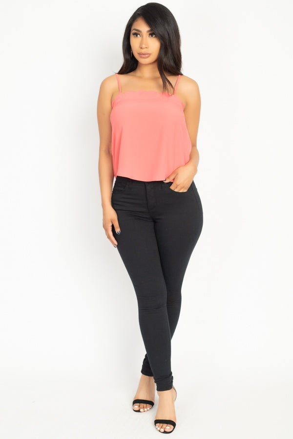 Coral scallop cami top with scalloped neckline and thin shoulder straps