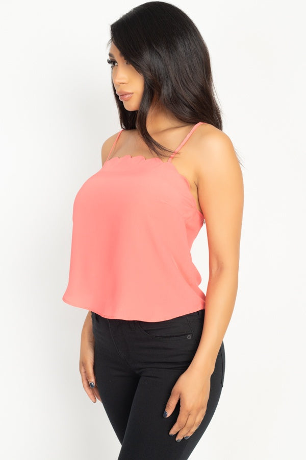 Coral scallop opening cami top back view with thin straps and draped fit
