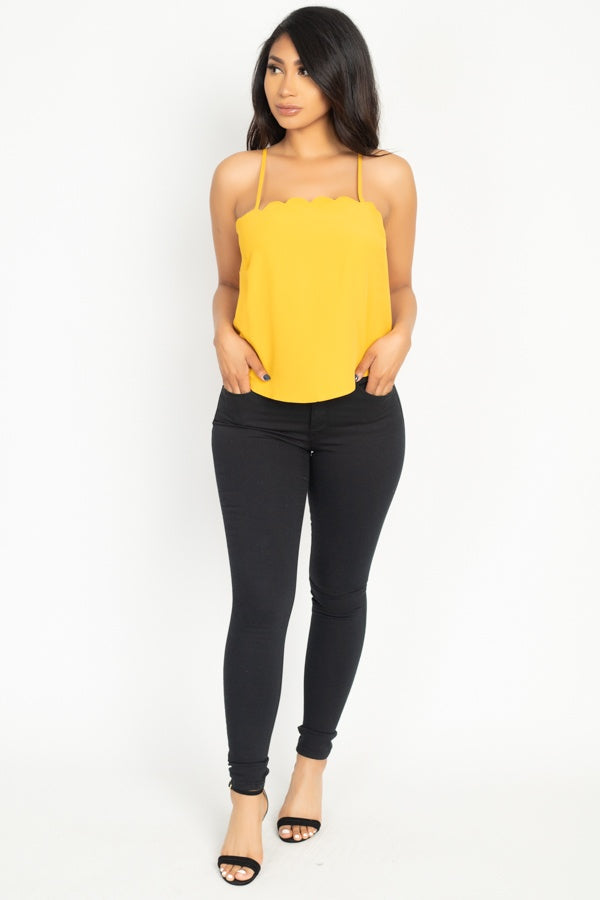 Light mustard scallop cami top front view with thin straps and scalloped neckline