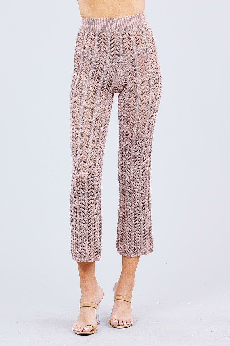 Flare long fishnet sweater pants, blush pink, ribbed waistband, cropped flare legs