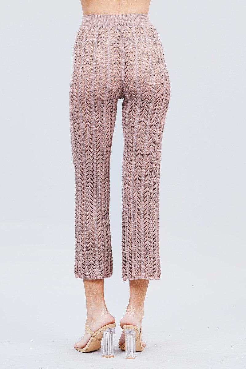 Blush flare fishnet knit pants with stretchy ribbed waistband, cropped length