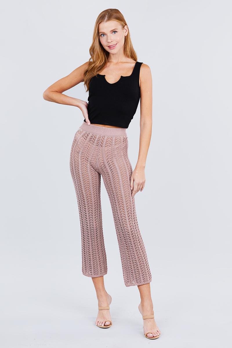 Blush long fishnet sweater pants with wide flare fit and ribbed high waist