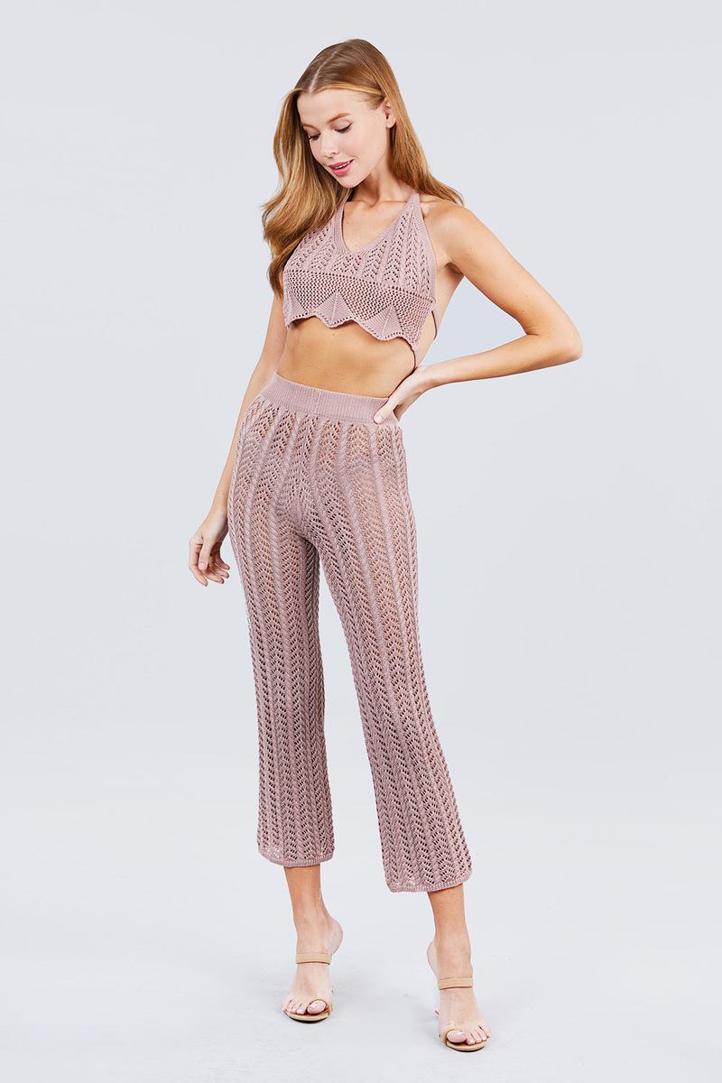 Blush fishnet sweater pants, straight-to-flare legs with openwork knit pattern