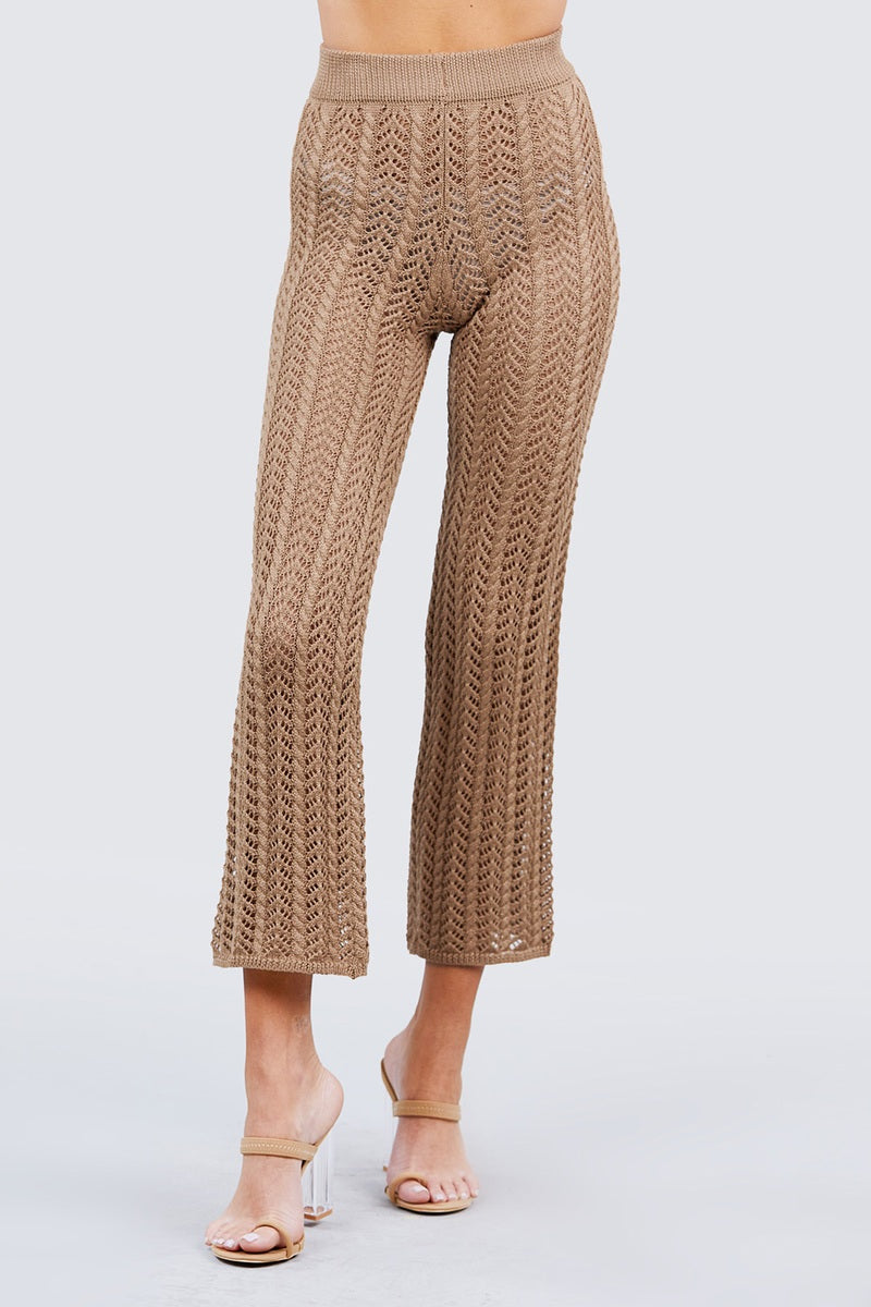 Flare long fishnet sweater pants, khaki, ribbed waistband and wide cropped flare