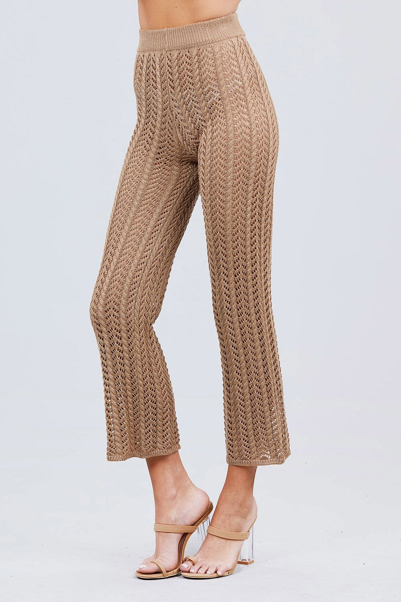 Khaki fishnet knit pants with wide flare legs and ribbed elastic waistband