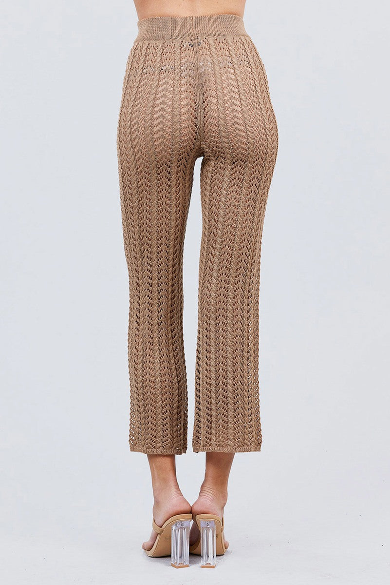Khaki flare fishnet sweater pants with openwork texture and cropped wide leg