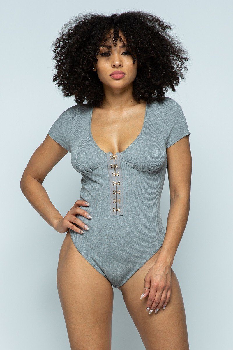 Ribbed knit bodysuit with short sleeves and hook-and-eye front, blue-gray