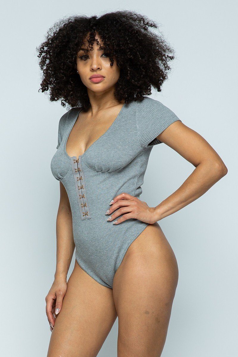 Ribbed knit bodysuit, short sleeves, hook-and-eye front detail at bust, blue-gray