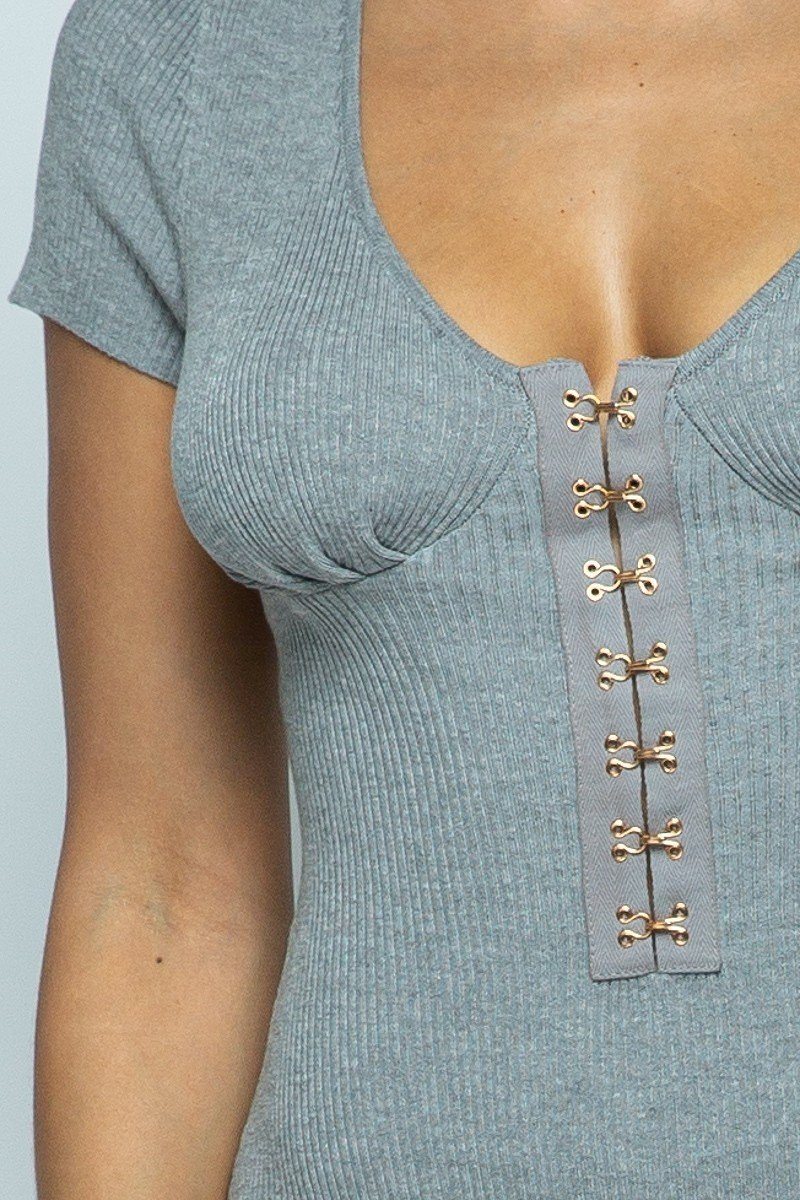 Hook-and-eye front on ribbed knit bodysuit with gold hardware, blue-gray