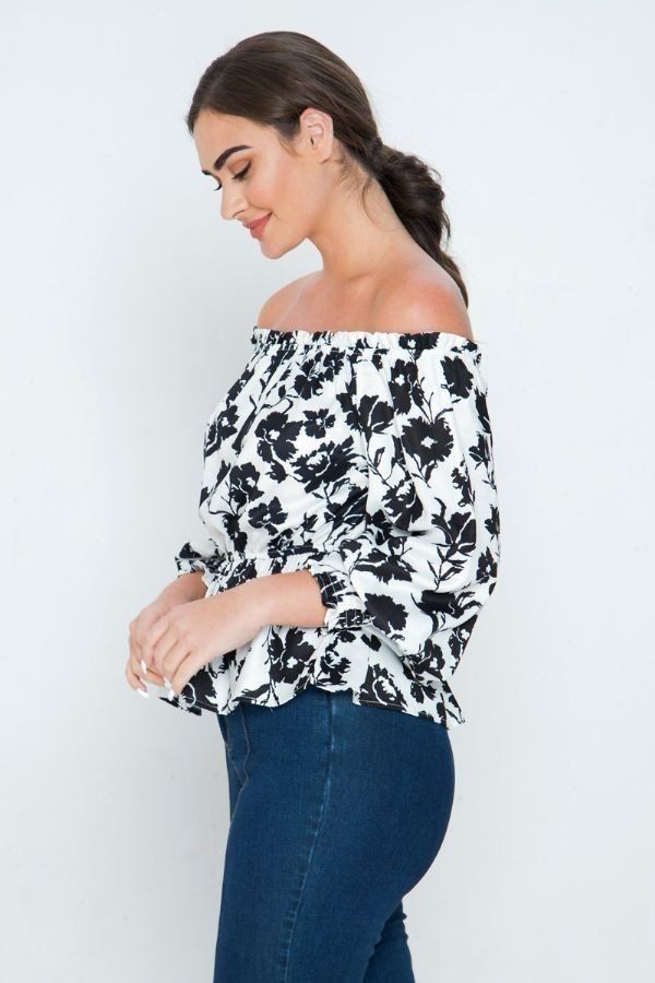 Off-Shoulder Langarm-Bluse mit Blumenprint, weiten Ärmeln und Rüschensaum