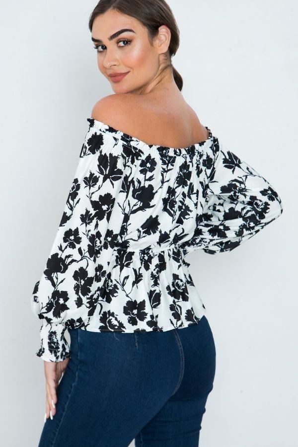 Off-Shoulder Langarm-Bluse mit floralem Schwarz-Weiß-Muster, ausgestelltem Oberteil