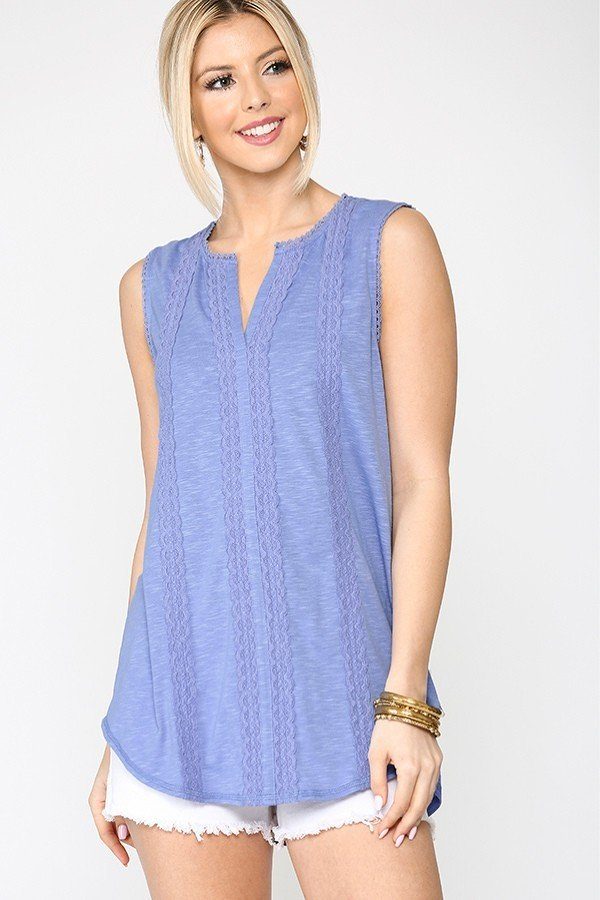 Sleeveless lace-trim tunic top, denim blue, scoop hem
