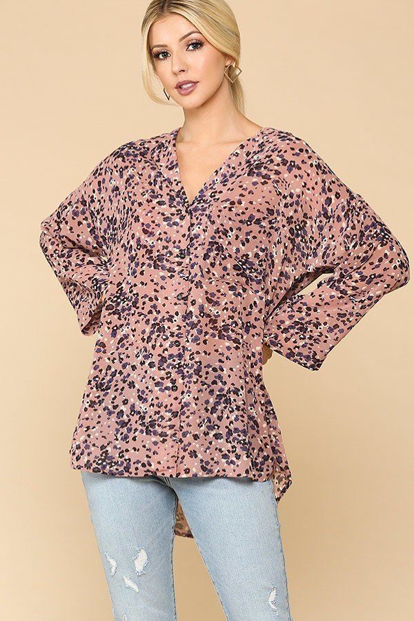 Light rose animal print button-down shirt with lapel collar and chest pocket