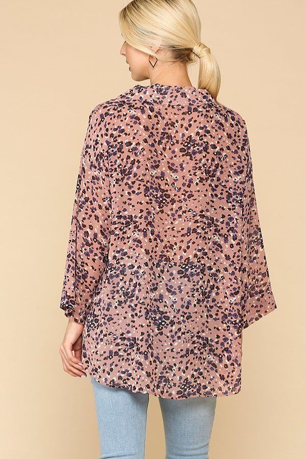 Light rose animal print button-down shirt, back view with 3/4 sleeves
