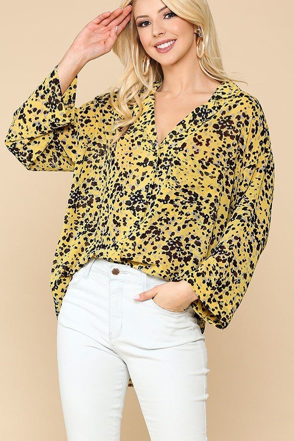 Golden animal print button-down shirt with lapel collar and chest pocket