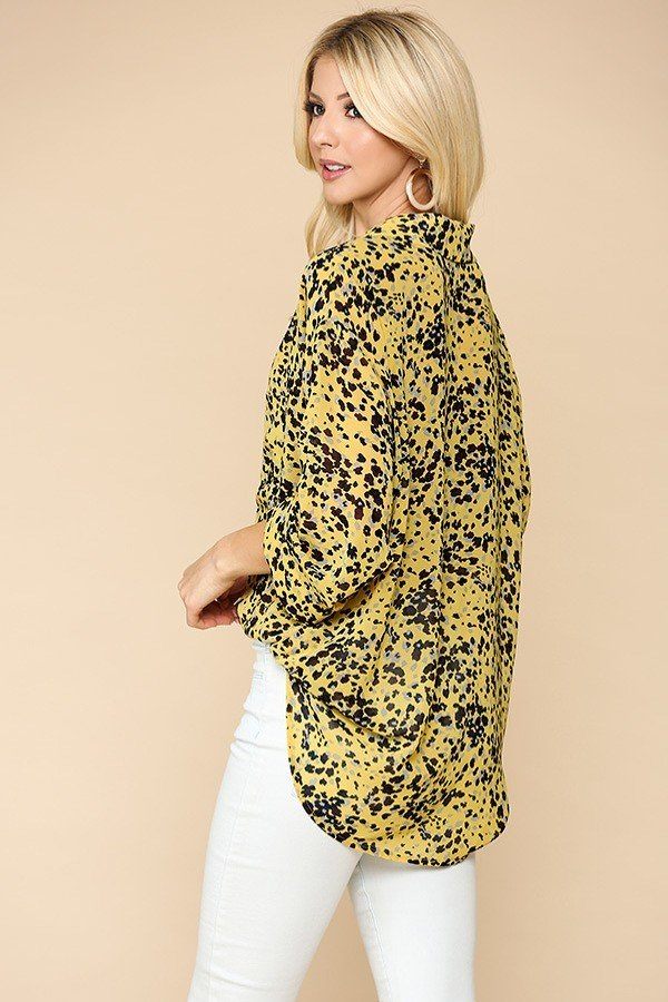 Golden animal print button-down shirt back view with 3/4 sleeves