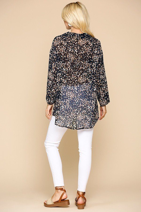 Navy animal print button-down shirt back view with 3/4 sleeves