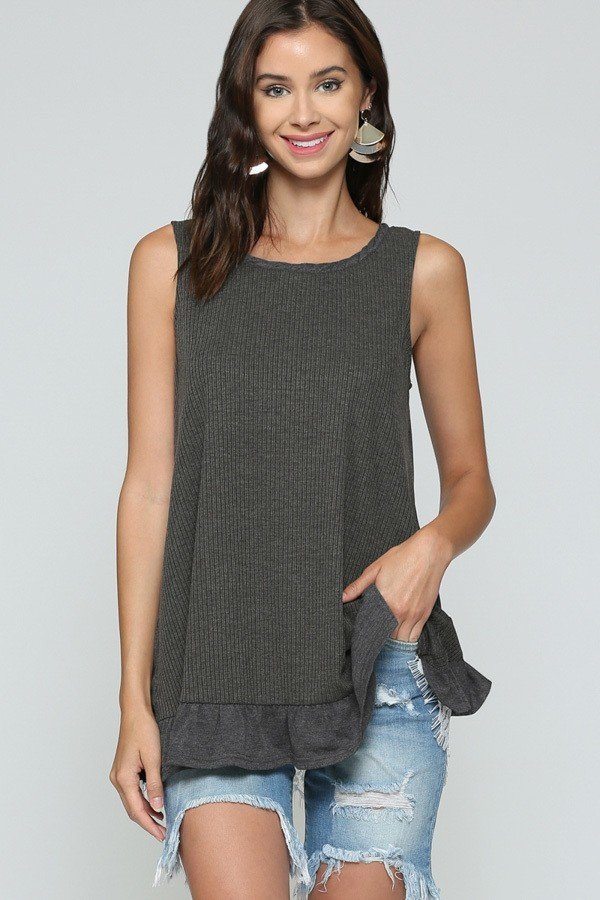 Sleeveless tank with lace ruffle back detail, black