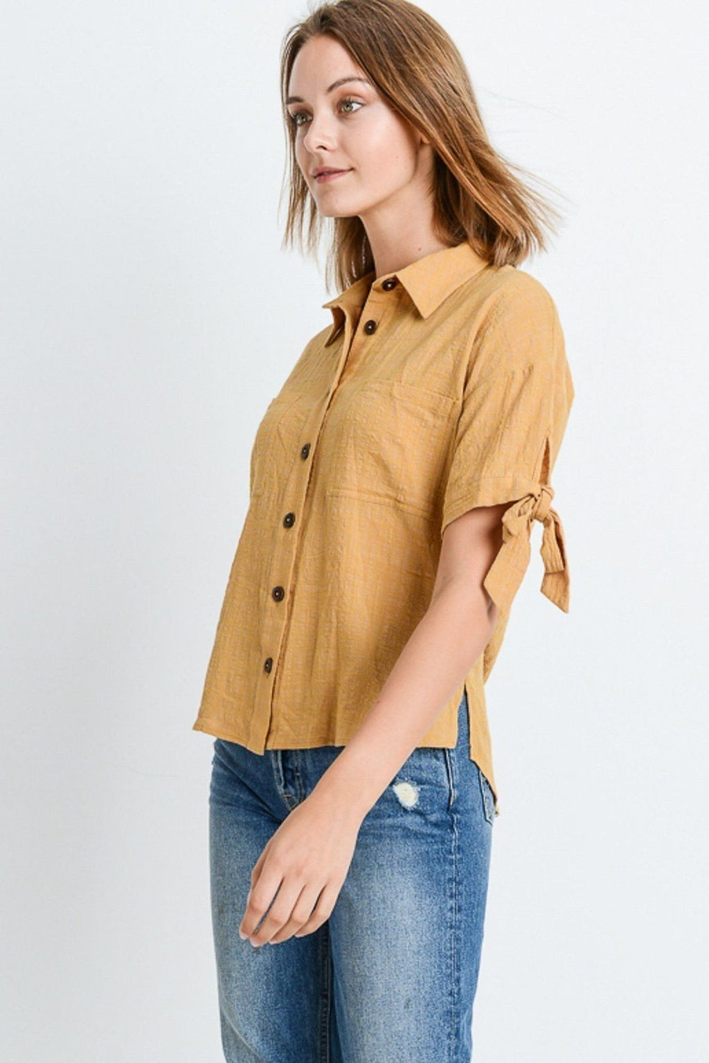Short-sleeve button-up shirt with tie cuff detail and front button placket