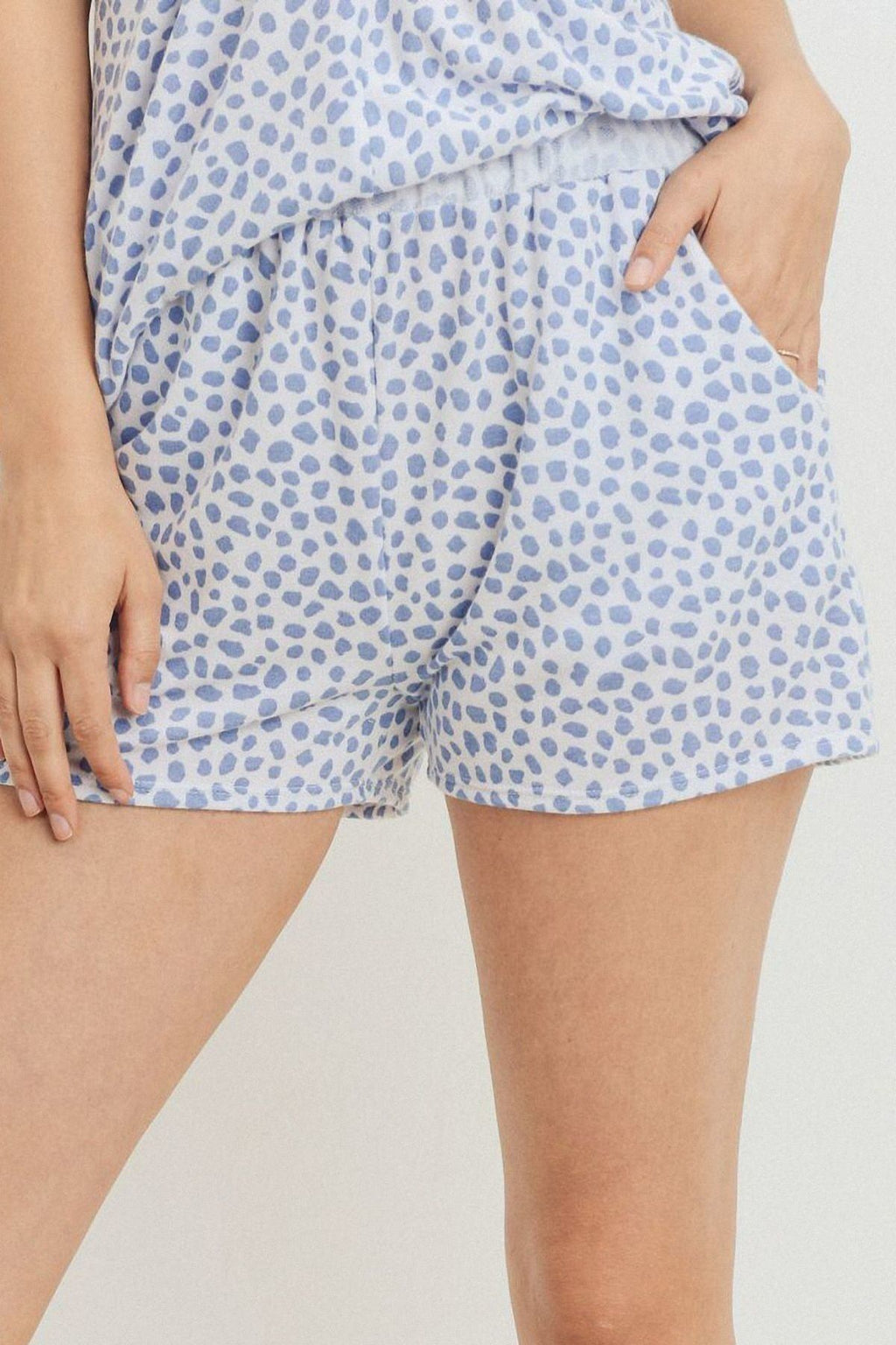 Leopard print terry short pants, light blue with allover spots, elastic waist