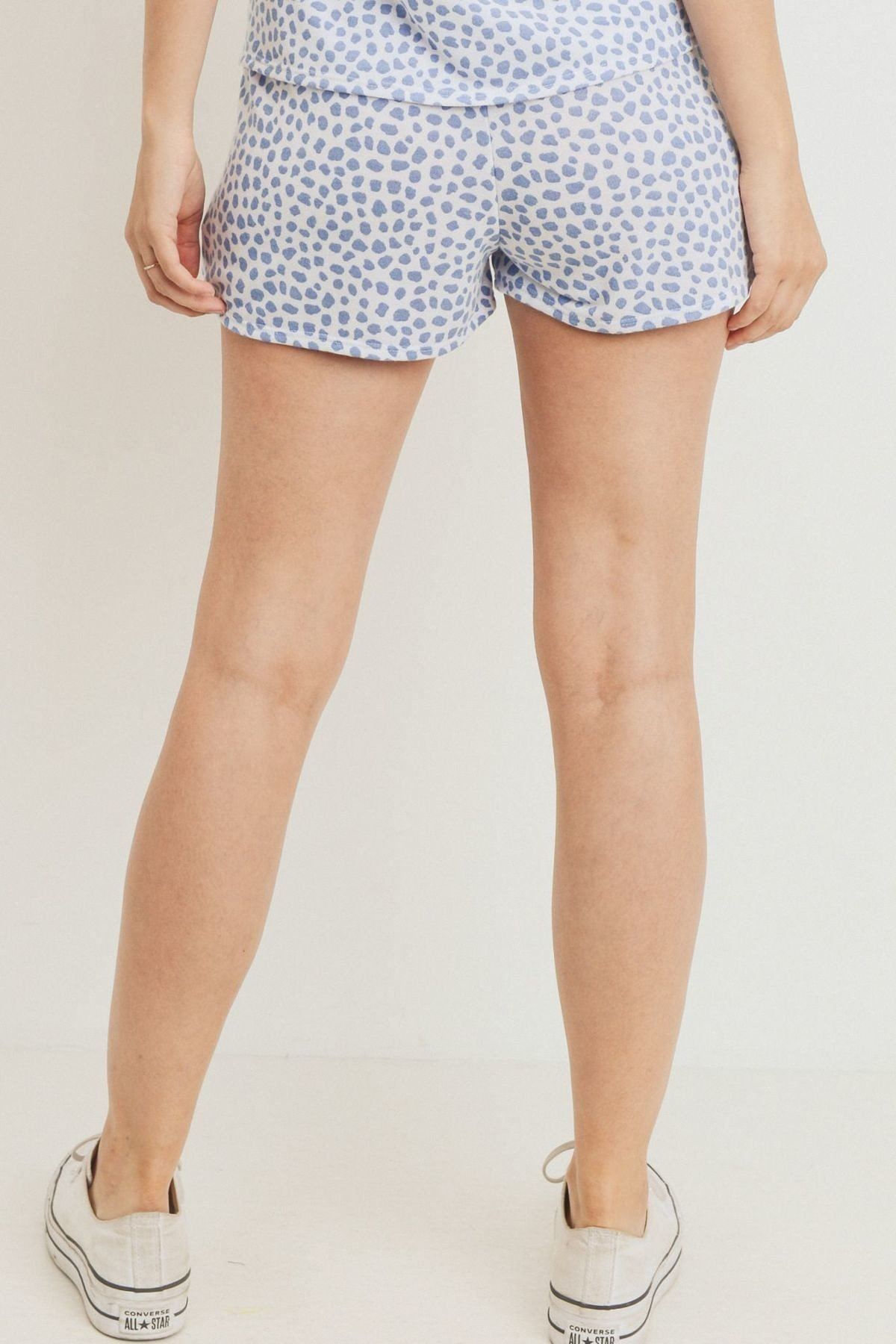 Leopard print terry short pants, light blue allover spots, above-knee straight hem