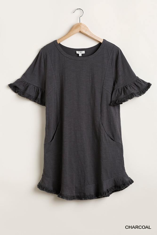 Charcoal short ruffle dress with frayed hem, round neck and side pockets