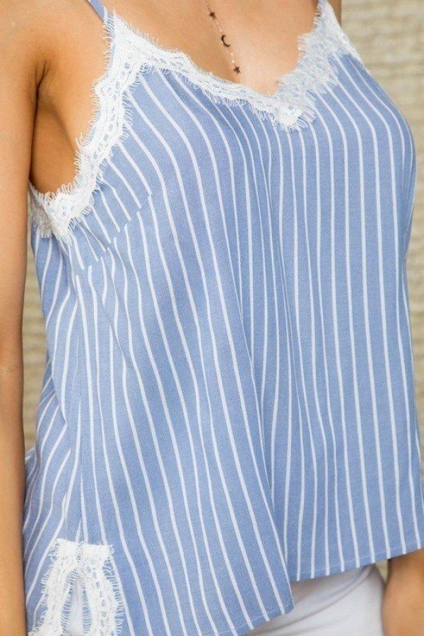 Close-up of blue-and-white striped cami with white lace edging at neckline and hem