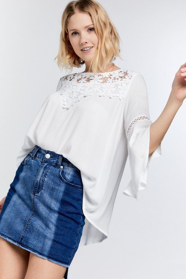 White floral lace yoke blouse with loose bell sleeves and mesh lace neckline