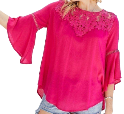 Women's Fuchsia Floral Mesh Lace Top Bell Sleeves | Tigbuls