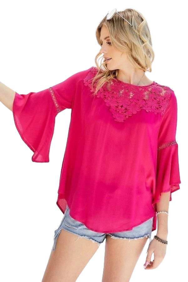 Women's Fuchsia Floral Mesh Lace Top Bell Sleeves | Tigbuls