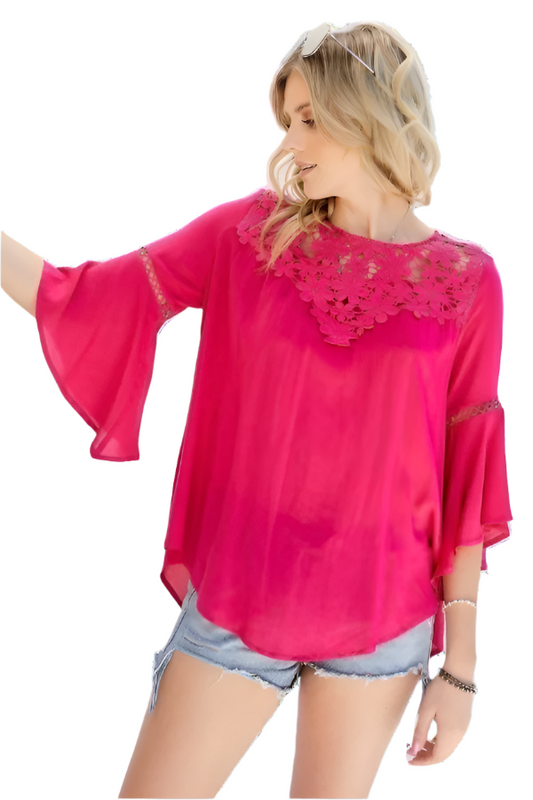 Size Small Fuchsia Floral Mesh Lace Top Bell Sleeves | Tigbuls