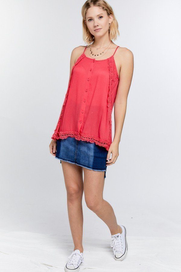 Coral Tanktop mit Knopfleiste vorn und Spitzenkante am Saum