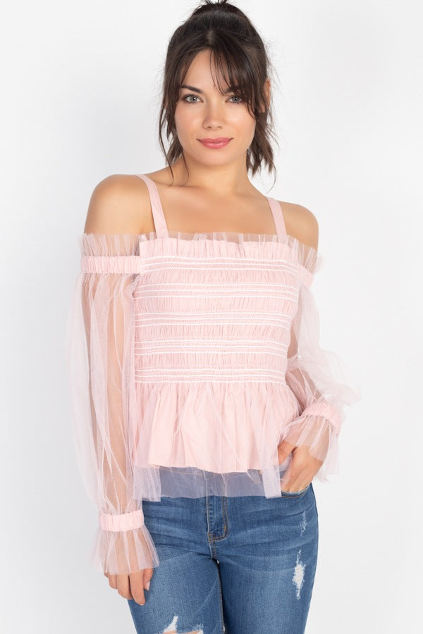Pink sheer mesh off-shoulder top with ruffled elastic neckline and sleeve cuffs