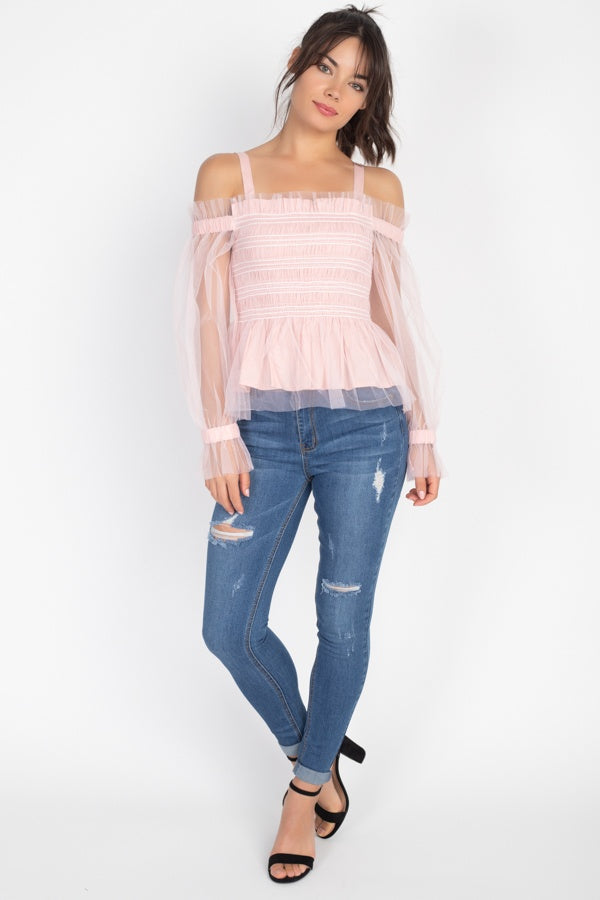 Pink sheer off-shoulder mesh top with layered ruffle bodice and long flared sleeves