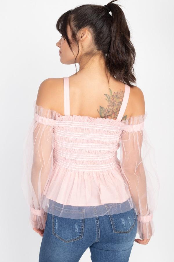 Back view of pink sheer mesh off-shoulder top with elastic off-shoulder band and straps