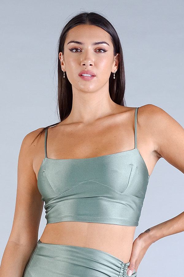 Sage spaghetti-strap darted under-bust crop top, fitted sweetheart neckline