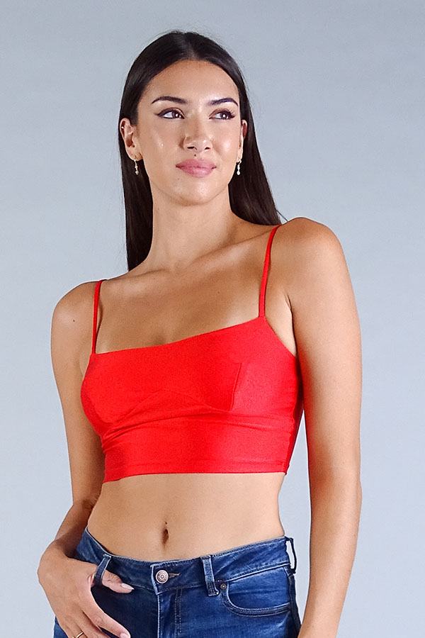 Red spaghetti-strap darted under-bust crop top with fitted sweetheart neckline