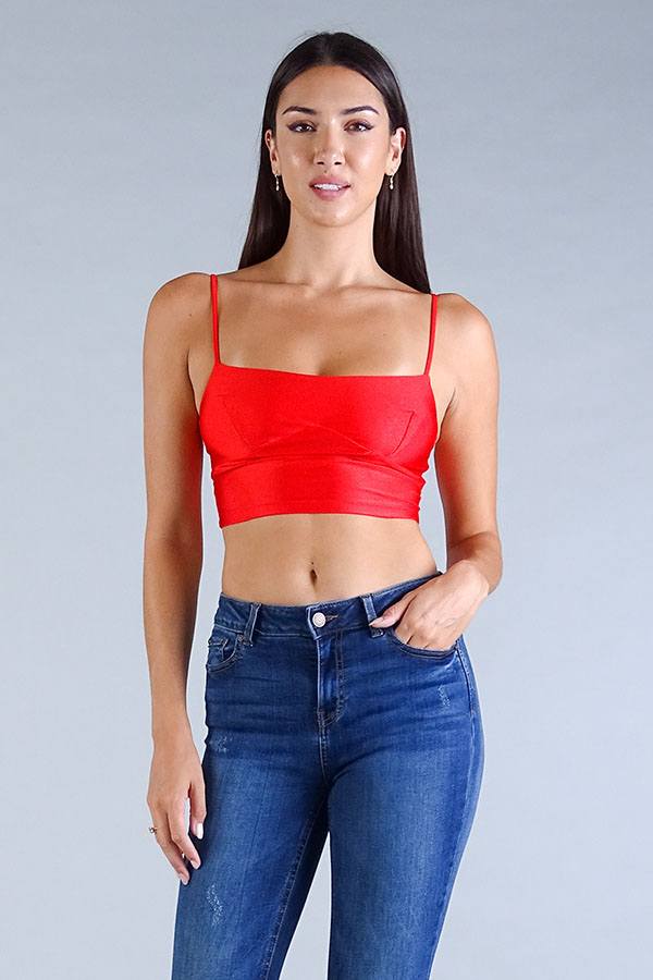 Red spaghetti-strap crop top with darted under-bust seam, front view