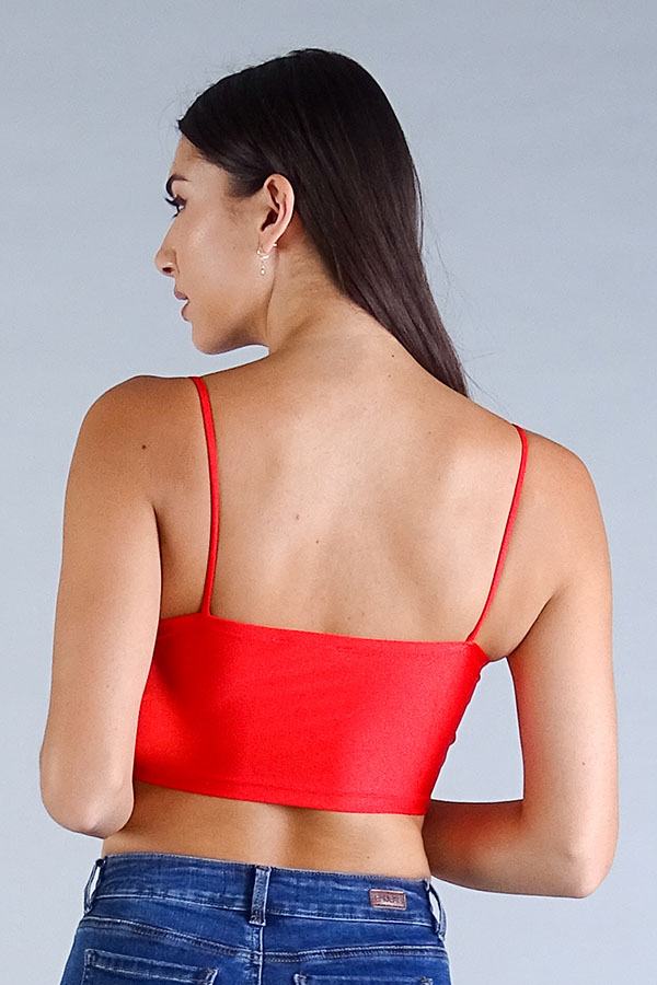Red spaghetti-strap darted under-bust crop top, open-back view