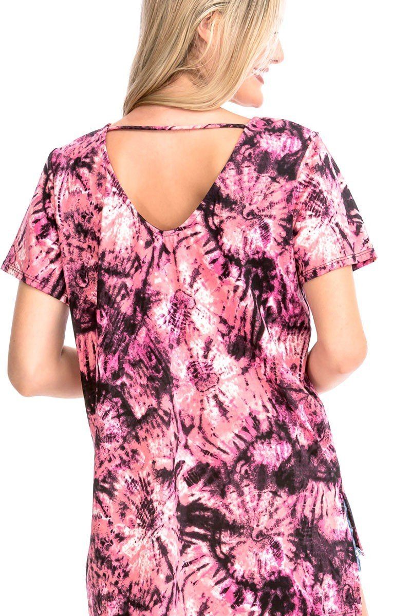 Fuchsia tie-dye short-sleeve top, back keyhole and crisscross strap neckline