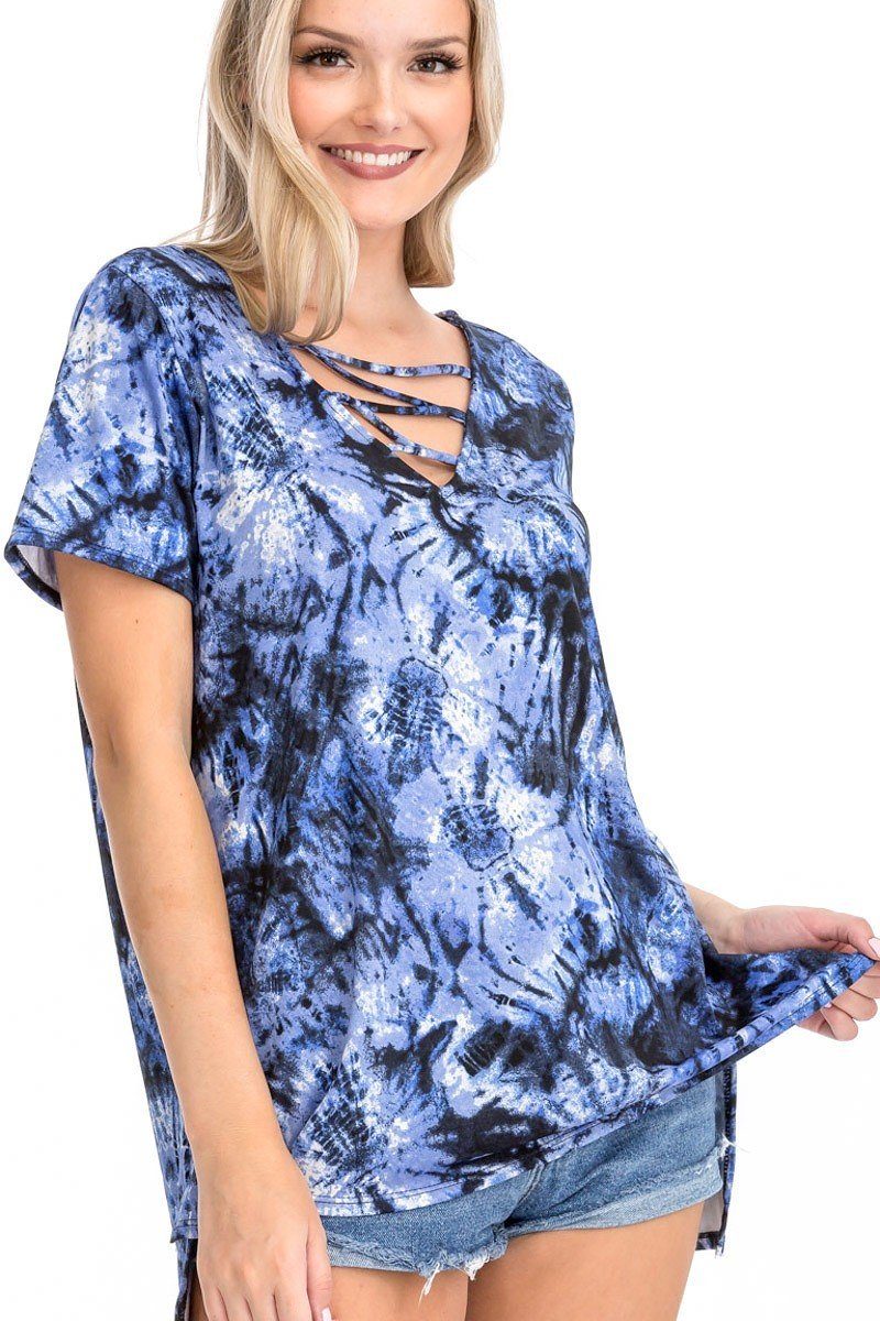 Blue tie-dye short-sleeve top, crisscross neckline cutout; straight hem