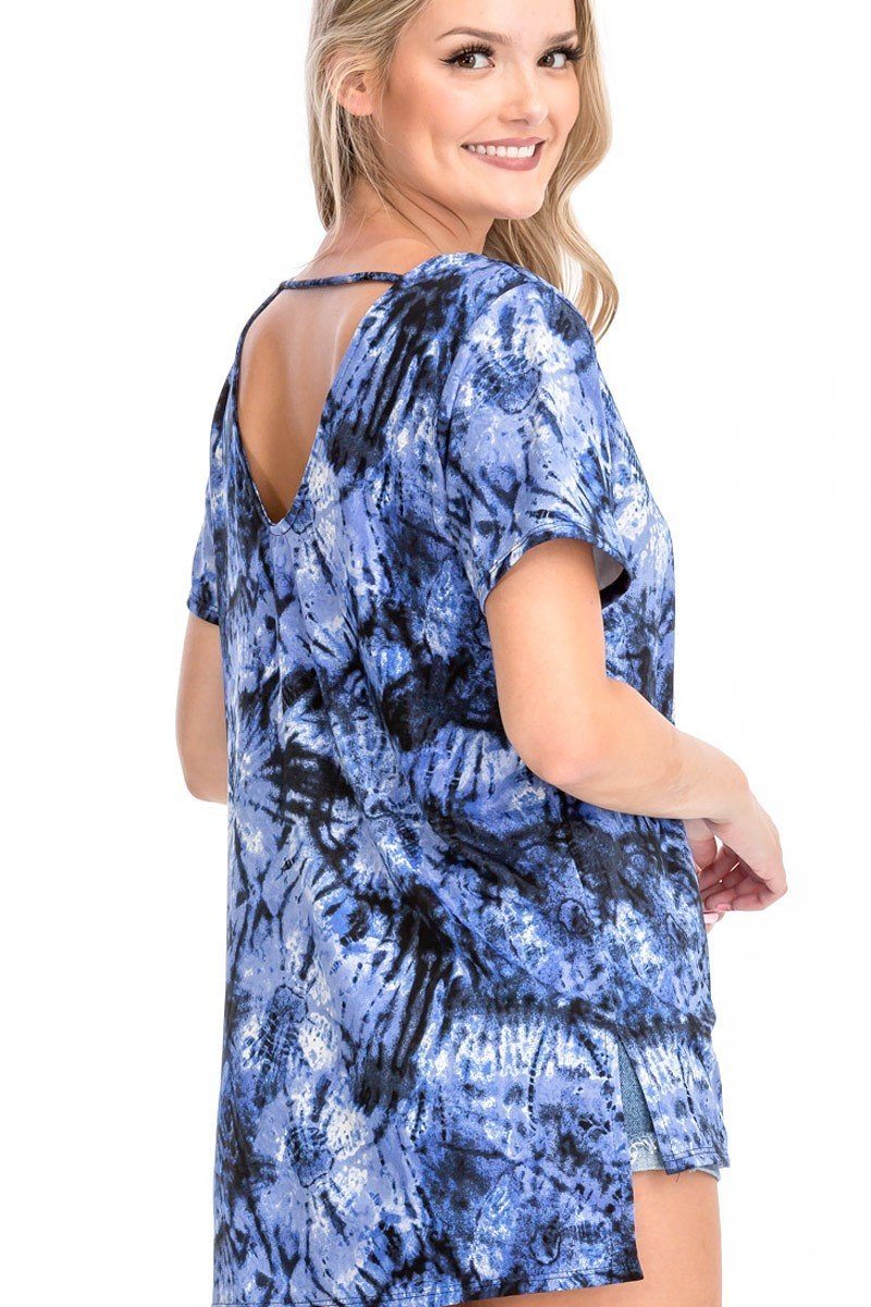 Blue tie-dye short-sleeve top, open back with crisscross strap neckline