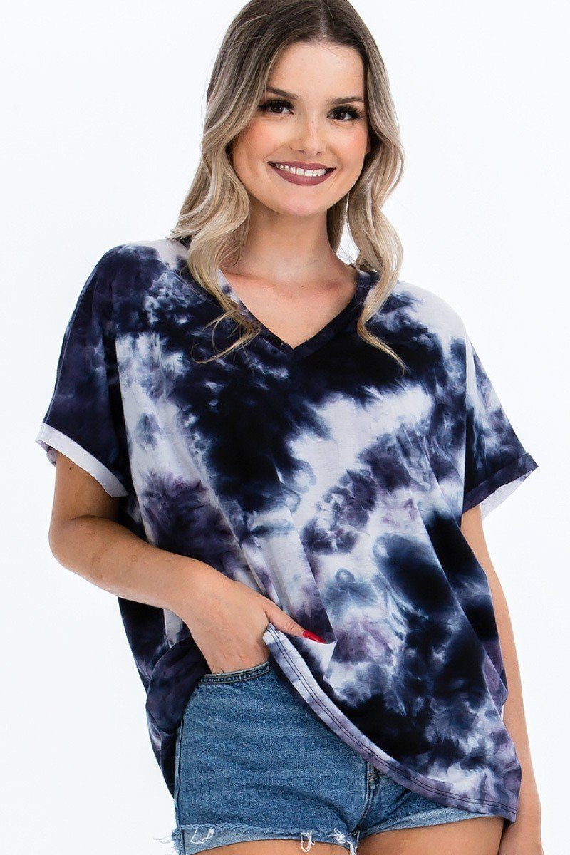 Tie-dye Top Featured In A V-neckline And Cuff Sort Sleeves - Tigbul's Variety Fashion Shop