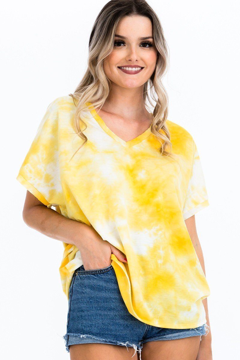 Yellow tie-dye top with V-neck and short cuff sleeves