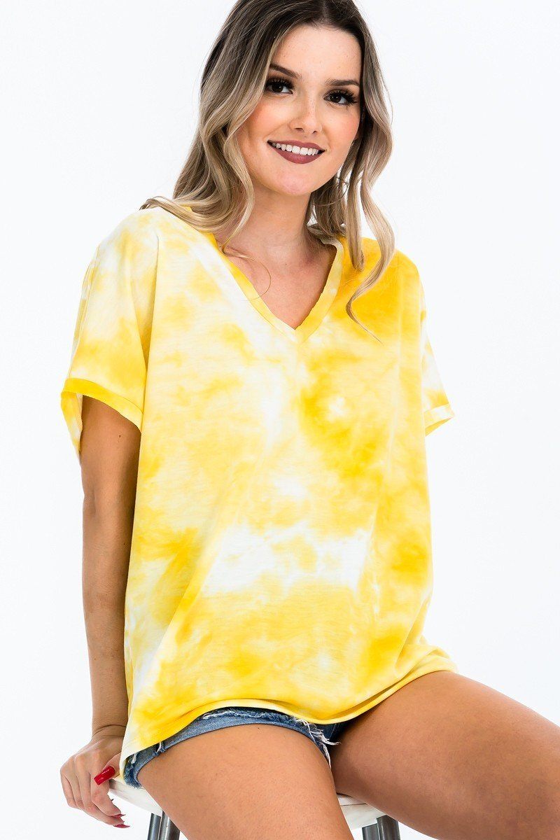 Yellow tie-dye V-neck top with short sleeves and relaxed fit