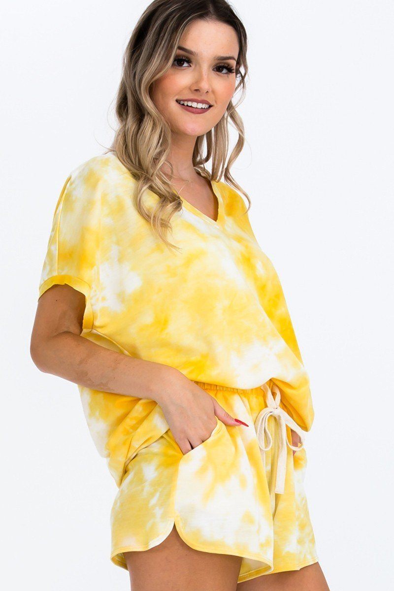 Yellow tie-dye top with V-neck, short sleeves, and tied waist