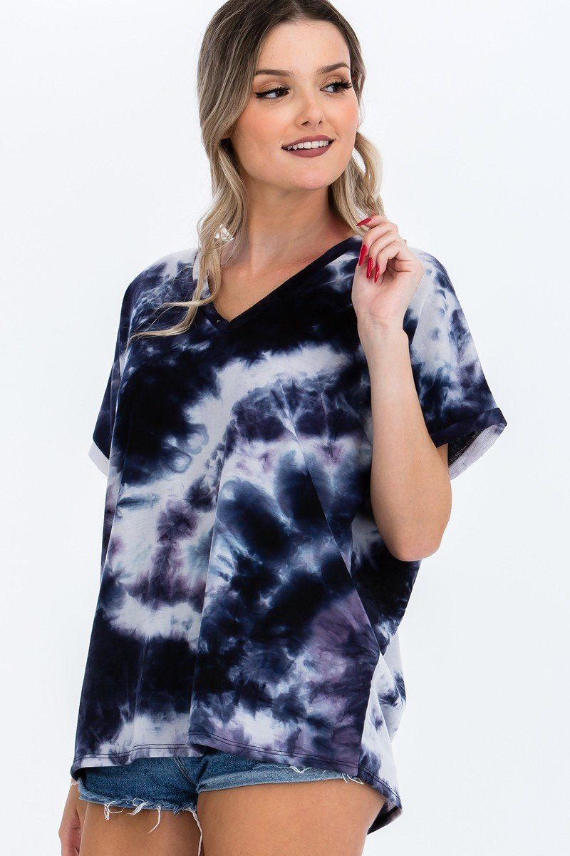 Navy tie-dye top, V-neck short sleeves with cuff detail